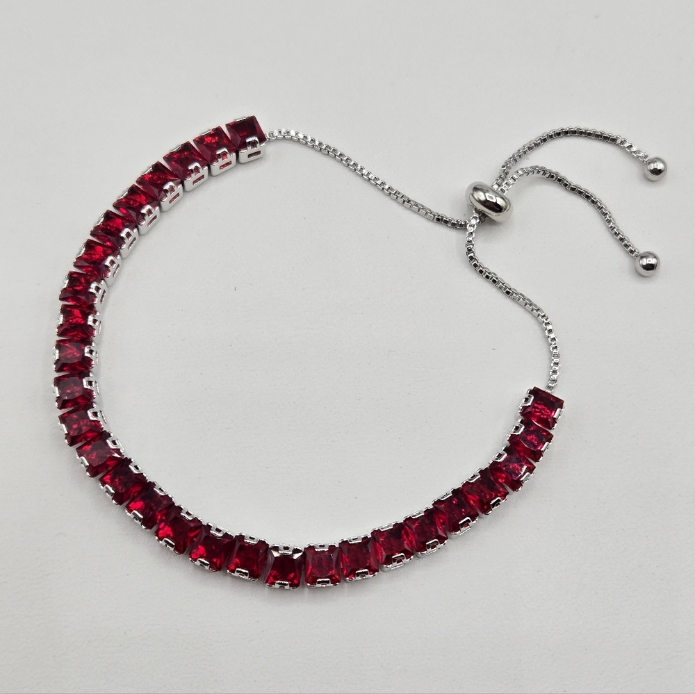Silver Bracelet with Red Square Stones - Women Jewelry - Picture 6 of 9